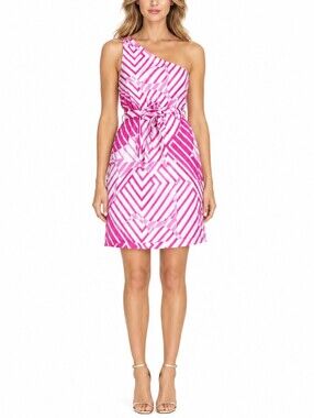 Theory Silk One Shoulder Geometric Mini Dress Size 6 Fuchsia Pink Barbiecore Mod
